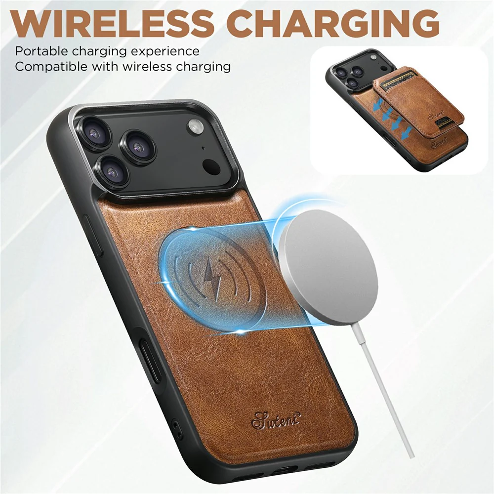 SUTENI H15 For iPhone 17 Pro Max Case Compatible with MagSafe Detachable Card Holder Phone Cover - Brown - Image 5