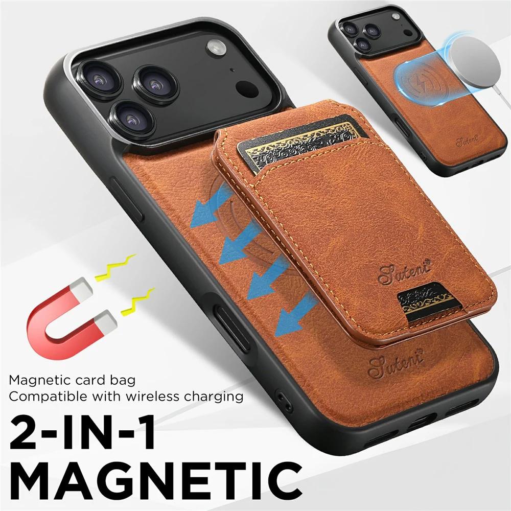 SUTENI H16 For iPhone 17 Pro Max Case Compatible with MagSafe Kickstand Phone Cover Detachable Card Holder - Khaki - Image 6