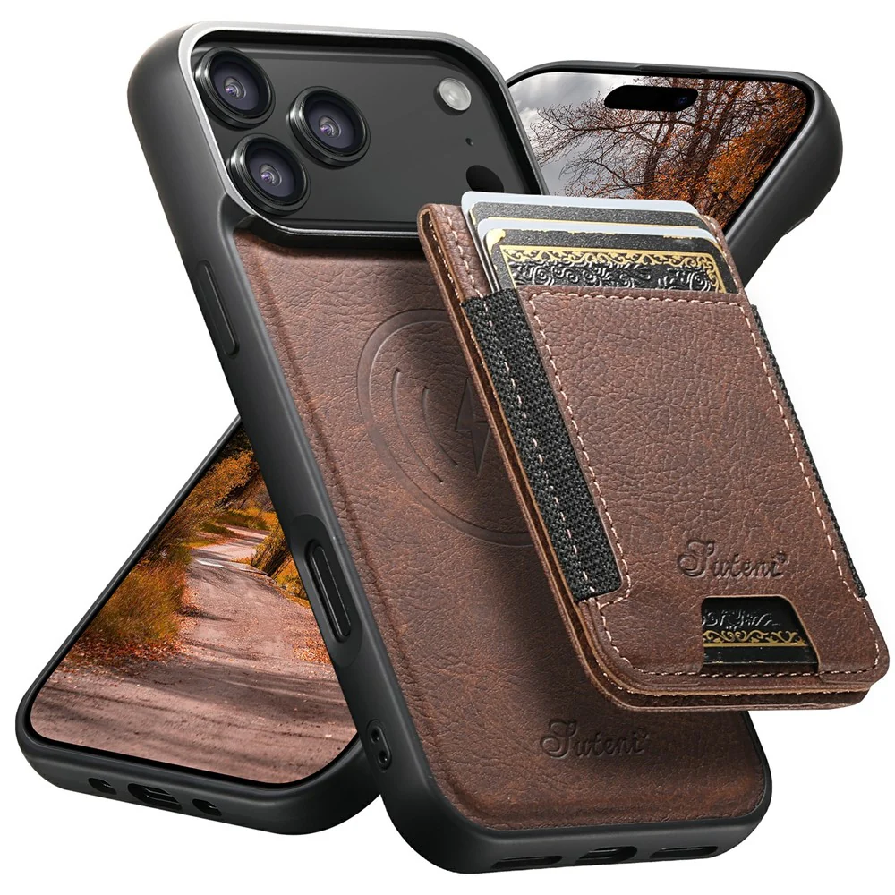 SUTENI H17 For iPhone 17 Pro Max Magnetic Case Card Slots Leather + TPU Kickstand Phone Cover - Brown