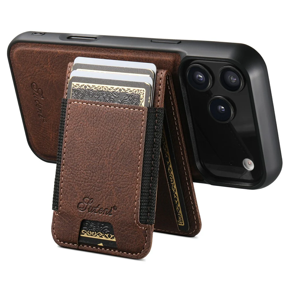 SUTENI H17 For iPhone 17 Pro Max Magnetic Case Card Slots Leather + TPU Kickstand Phone Cover - Brown - Image 3