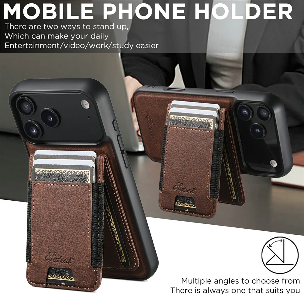 SUTENI H17 For iPhone 17 Pro Max Magnetic Case Card Slots Leather + TPU Kickstand Phone Cover - Brown - Image 6