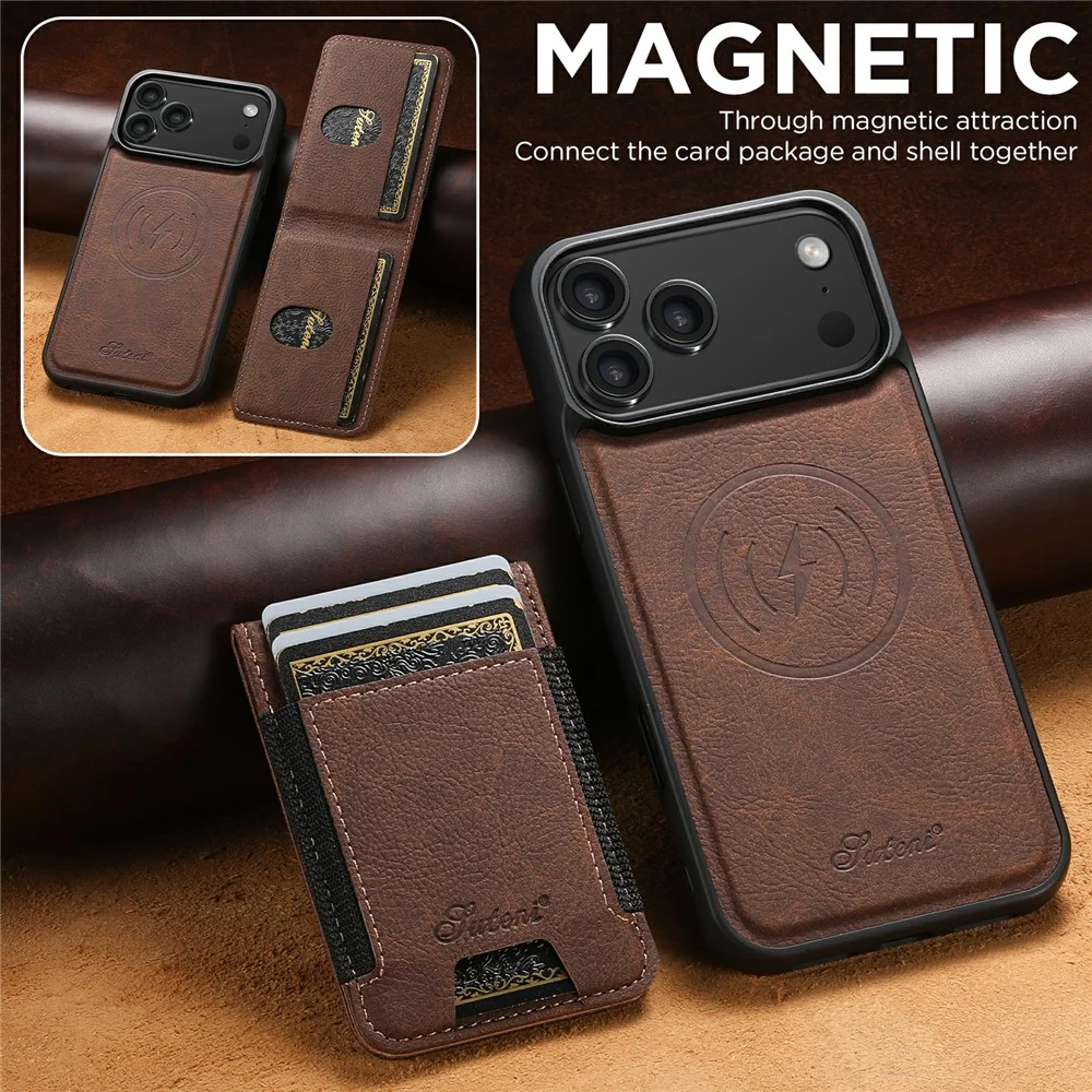 SUTENI H17 For iPhone 17 Pro Max Magnetic Case Card Slots Leather + TPU Kickstand Phone Cover - Brown - Image 8