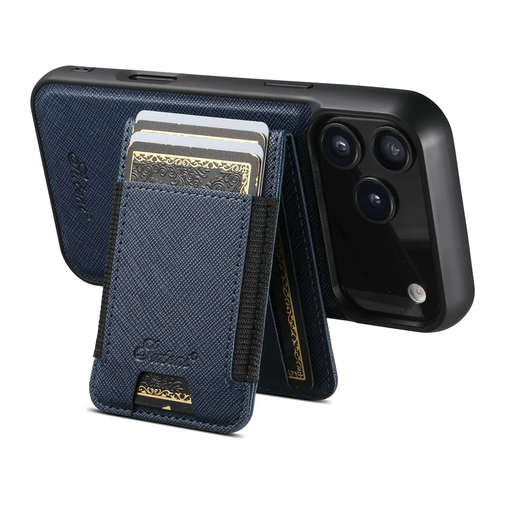 SUTENI H17 For iPhone 17 Pro Max Magnetic Case Cross Texture Leather Phone Back Cover with Detachable Card Bag - Blue - Image 3