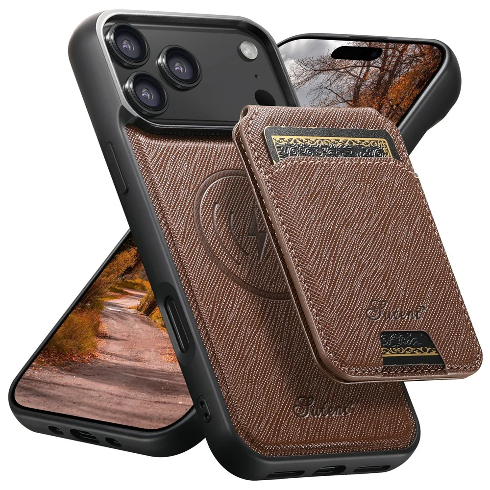 SUTENI H18 For iPhone 17 Pro Max Magnetic Case Cross Texture Leather + TPU Cover with Detachable Card Bag - Brown