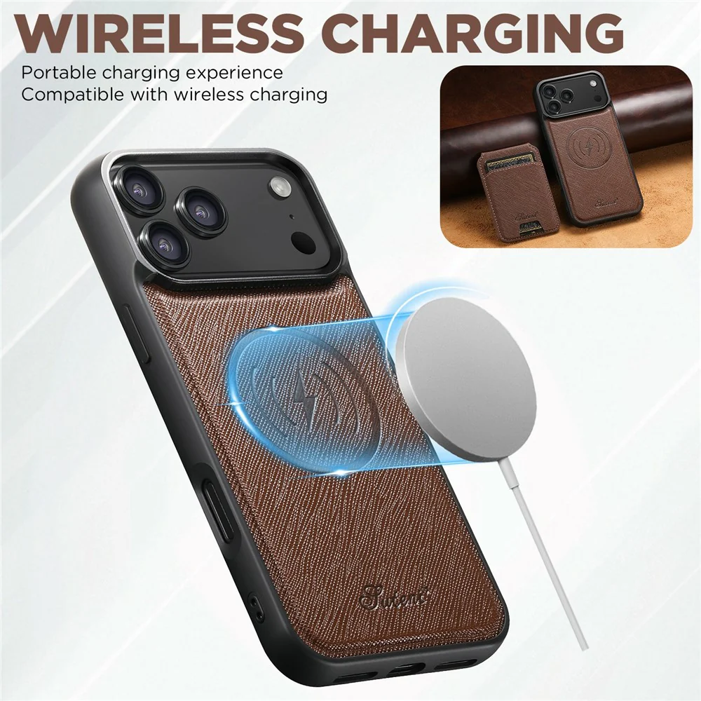 SUTENI H18 For iPhone 17 Pro Max Magnetic Case Cross Texture Leather + TPU Cover with Detachable Card Bag - Brown - Image 5