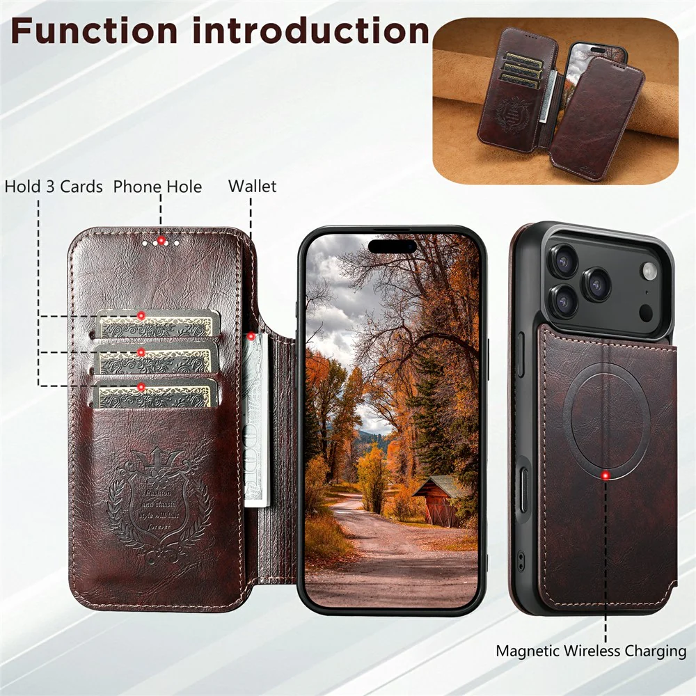 SUTENI J05 For iPhone 17 Pro Max Case Compatible with MagSafe Textured PU Leather Flip Phone Cover - Brown - Image 6