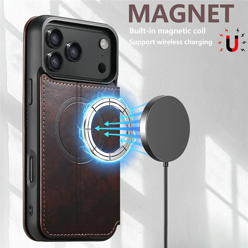 SUTENI J05 For iPhone 17 Pro Max Case Compatible with MagSafe Textured PU Leather Flip Phone Cover - Brown - Image 7