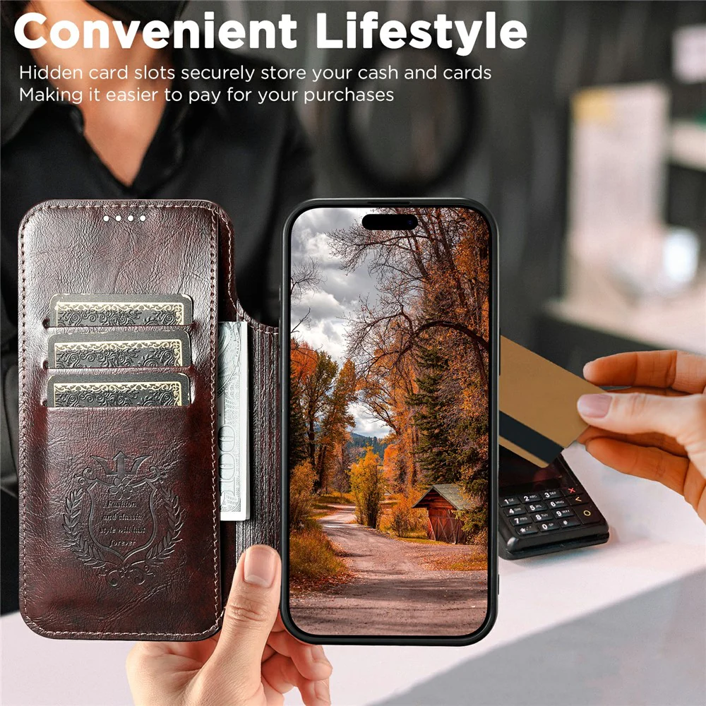 SUTENI J05 For iPhone 17 Pro Max Case Compatible with MagSafe Textured PU Leather Flip Phone Cover - Brown - Image 8