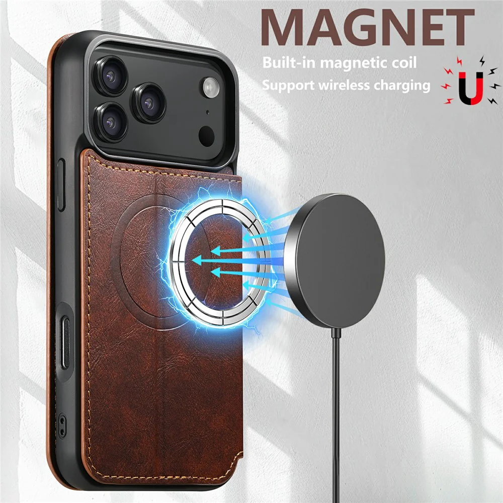 SUTENI J05 For iPhone 17 Pro Max Case Compatible with MagSafe Textured PU Leather Flip Phone Cover - Khaki - Image 7
