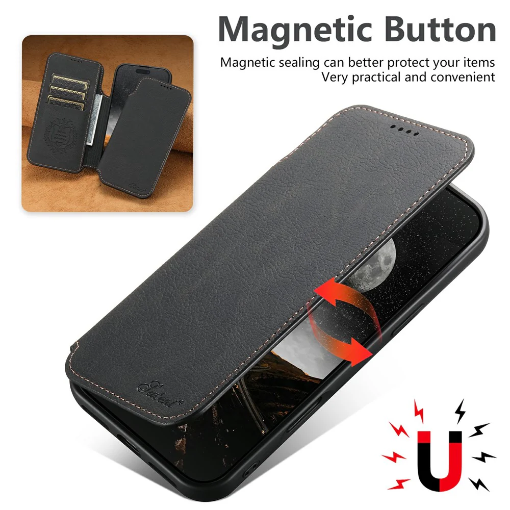SUTENI J06 For iPhone 17 Pro Max Case Litchi Texture Leather Wallet Phone Shell Compatible with MagSafe - Black - Image 6