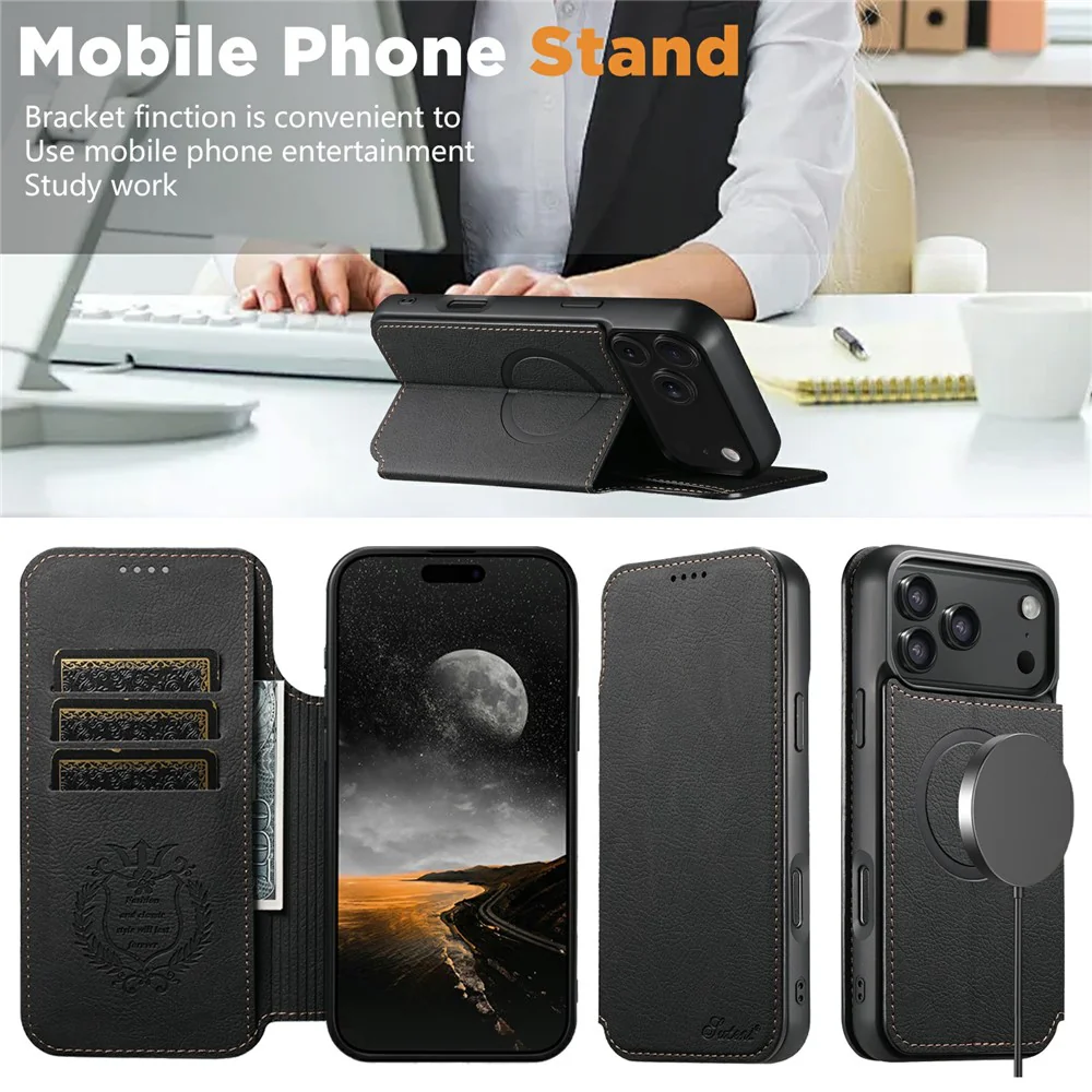 SUTENI J06 For iPhone 17 Pro Max Case Litchi Texture Leather Wallet Phone Shell Compatible with MagSafe - Black - Image 8