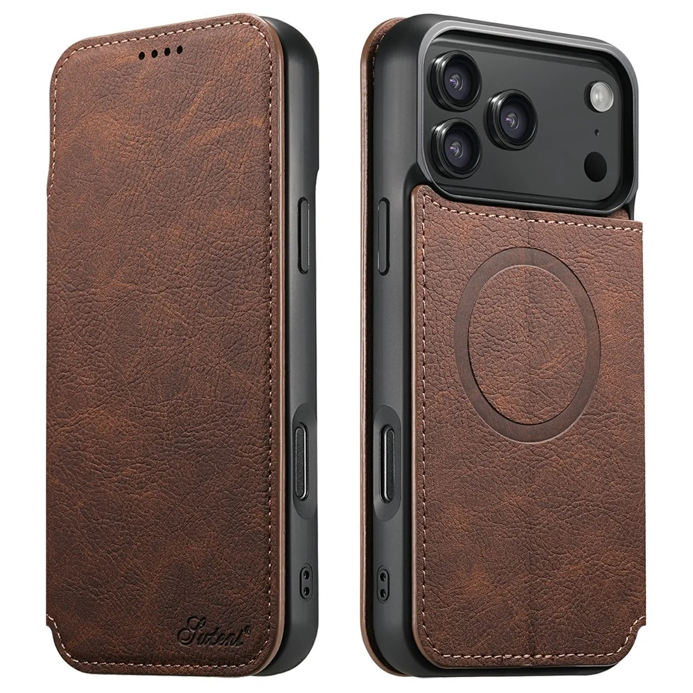 SUTENI J06 For iPhone 17 Pro Max Case Litchi Texture Leather Wallet Phone Shell Compatible with MagSafe - Brown