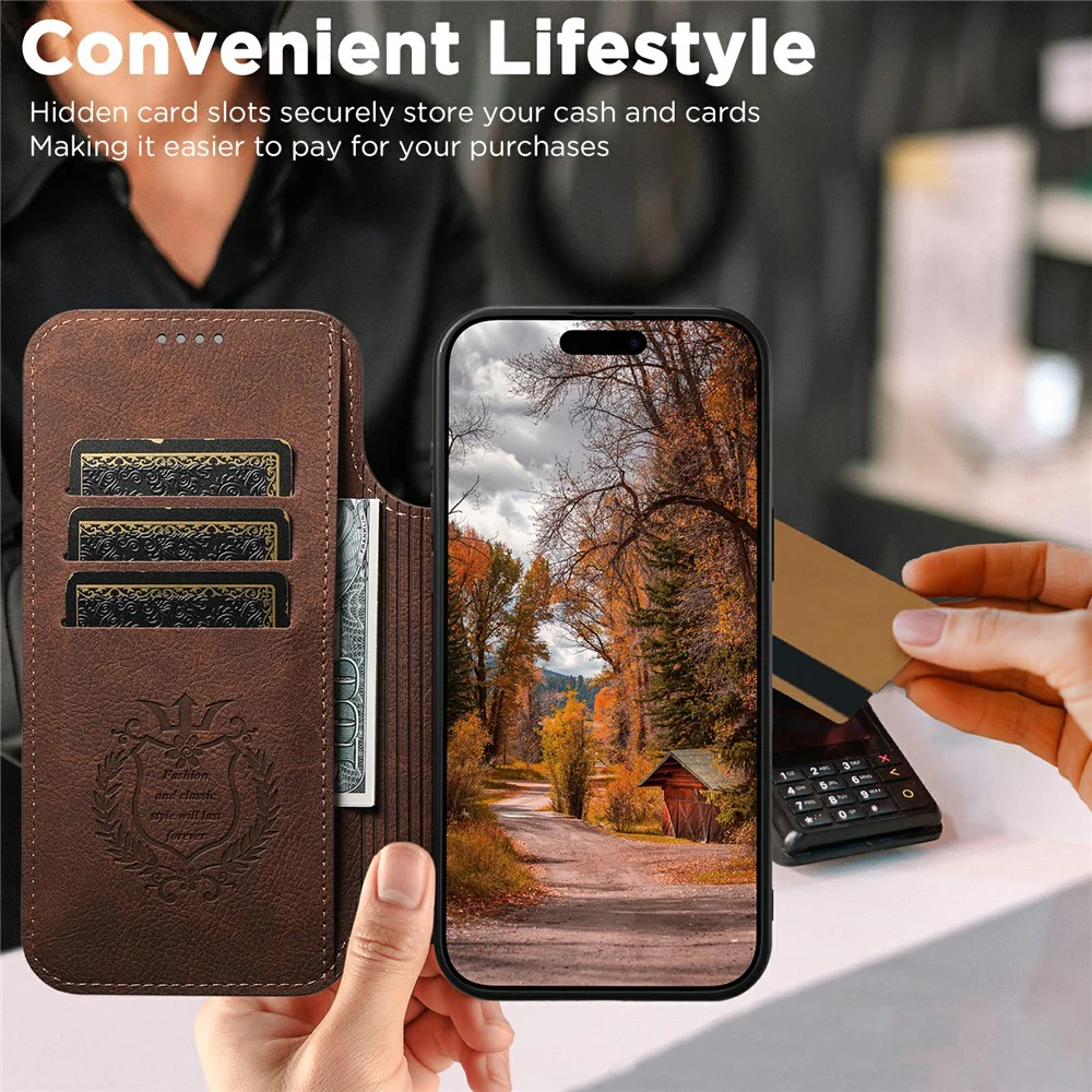 SUTENI J06 For iPhone 17 Pro Max Case Litchi Texture Leather Wallet Phone Shell Compatible with MagSafe - Brown - Image 7