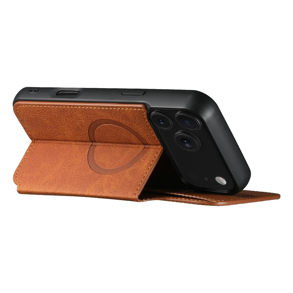 SUTENI J06 For iPhone 17 Pro Max Case Litchi Texture Leather Wallet Phone Shell Compatible with MagSafe - Khaki - Image 4