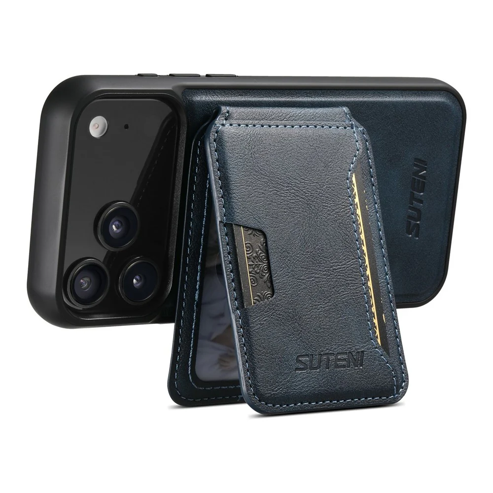 SUTENI M3 For iPhone 17 Pro Max Magnetic Case Cowhide Texture Leather Back Cover with Card Bag Kickstand - Blue - Image 3