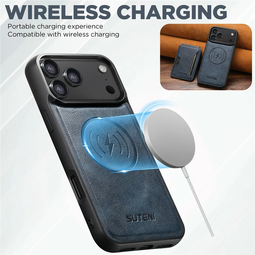 SUTENI M3 For iPhone 17 Pro Max Magnetic Case Cowhide Texture Leather Back Cover with Card Bag Kickstand - Blue - Image 5