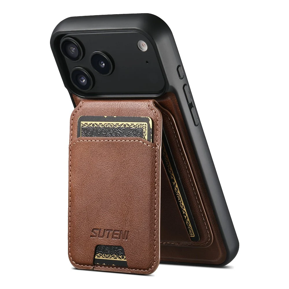 SUTENI M5 For iPhone 17 Pro Max Magnetic Case with Card Bag Cowhide Texture Leather Phone Back Cover - Brown - Image 2