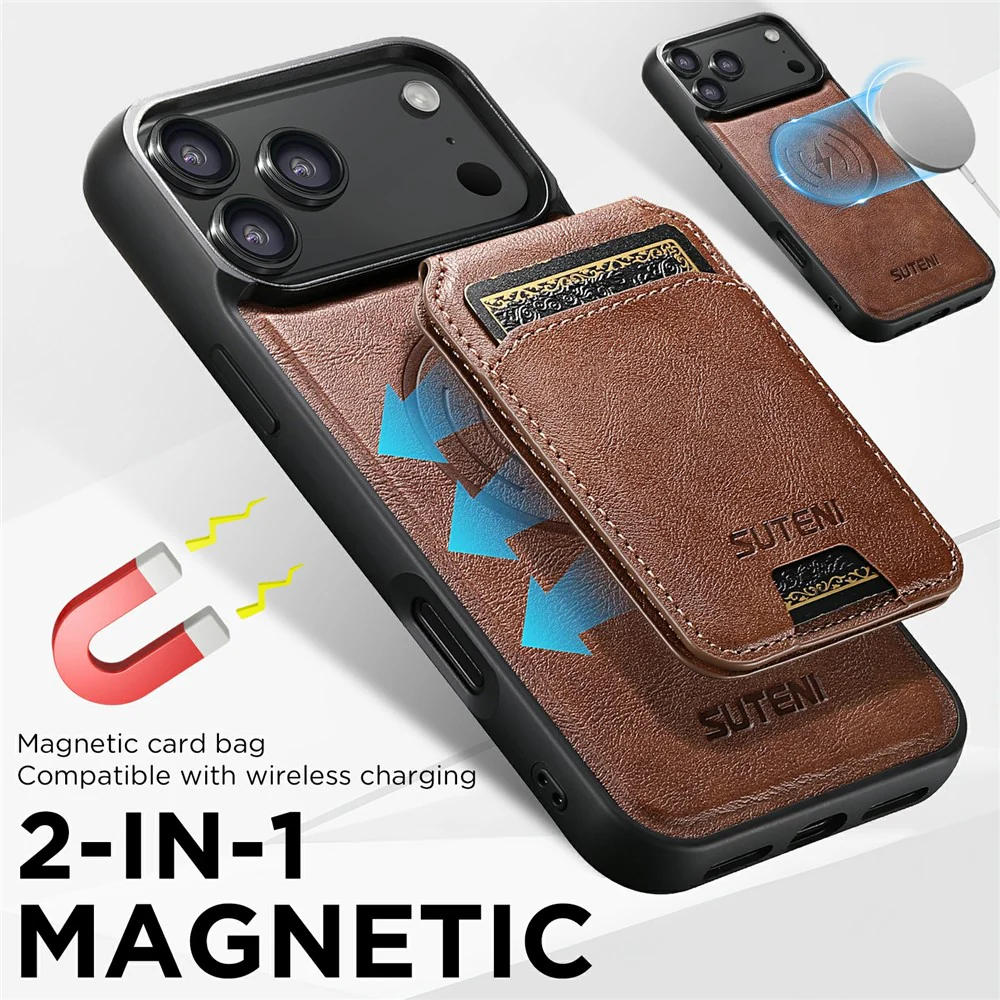 SUTENI M5 For iPhone 17 Pro Max Magnetic Case with Card Bag Cowhide Texture Leather Phone Back Cover - Brown - Image 8
