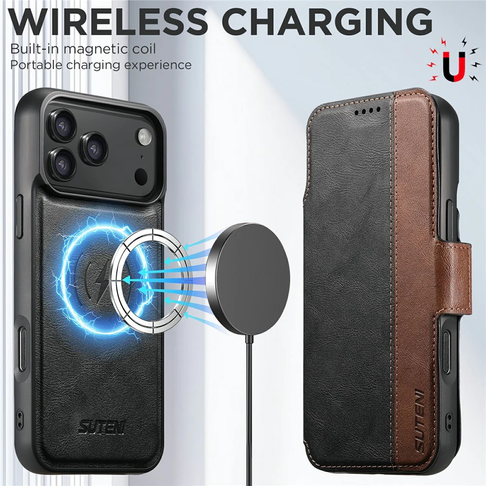 SUTENI Q-07 For iPhone 17 Pro Max Case Magnetic Color Splicing Cowhide Texture Leather Cover - Black - Image 6