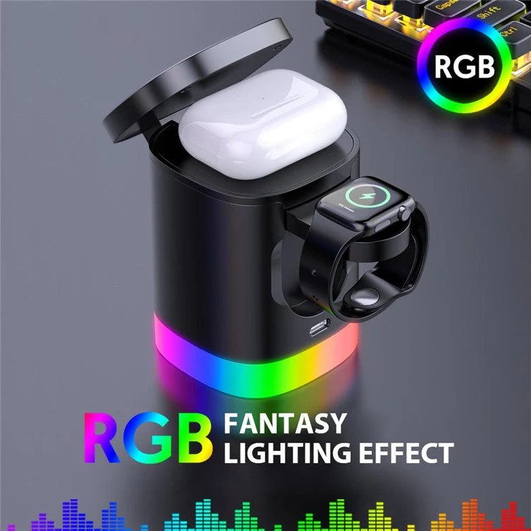 T15 3 in 1 Magnetic Wireless Charger Folding Charging Stand for iPhone iWatch AirPods Cordless Charging Station with RGB Light - Black - Image 7