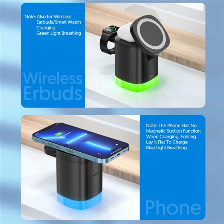 T15 3 in 1 Magnetic Wireless Charger Folding Charging Stand for iPhone iWatch AirPods Cordless Charging Station with RGB Light - White - Image 8