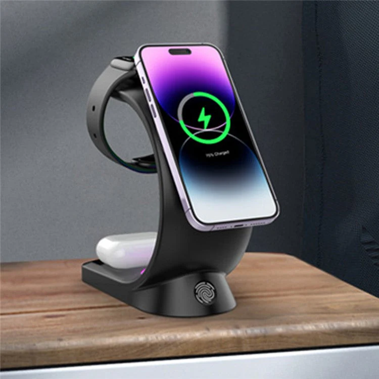 T17 3-in-1 RGB Light Magnetic Wireless Charger for iPhone 12 / 13 / 14 / 15 Series Desktop Fast Charging Stand Compatible with MagSafe - Black - Image 3
