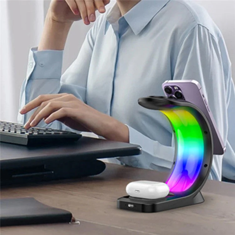 T17 3-in-1 RGB Light Magnetic Wireless Charger for iPhone 12 / 13 / 14 / 15 Series Desktop Fast Charging Stand Compatible with MagSafe - Black - Image 4