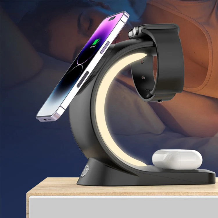 T17 3-in-1 RGB Light Magnetic Wireless Charger for iPhone 12 / 13 / 14 / 15 Series Desktop Fast Charging Stand Compatible with MagSafe - Black - Image 5