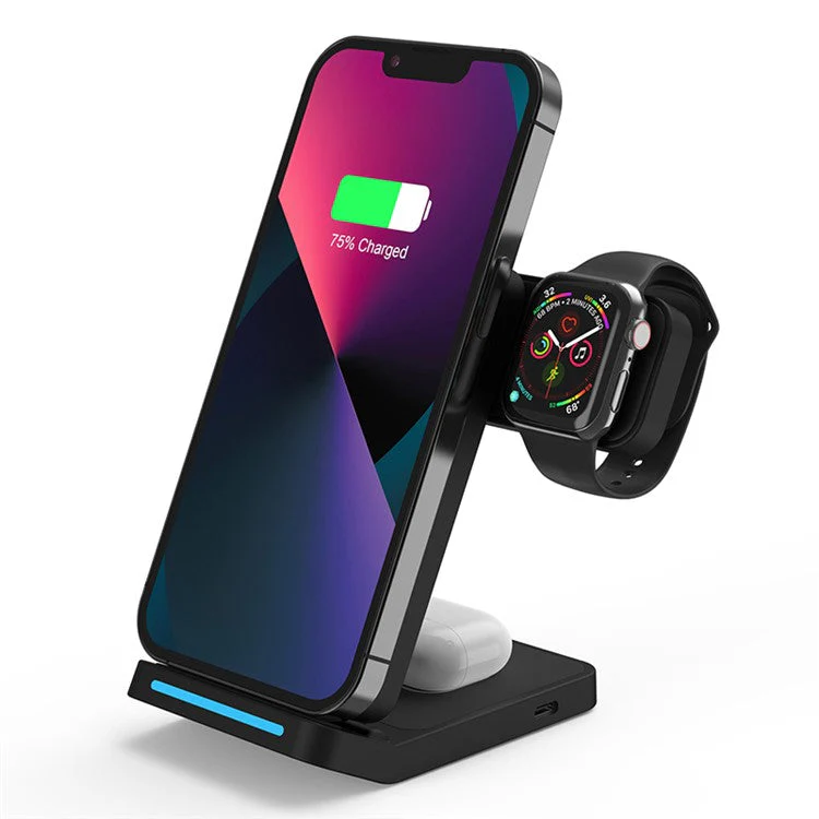 T19 3-in-1 Folding Wireless Charger 15W Desktop Portable Wireless Charging Stand for Cell Phone, Headset, iWatch - Black - Image 2