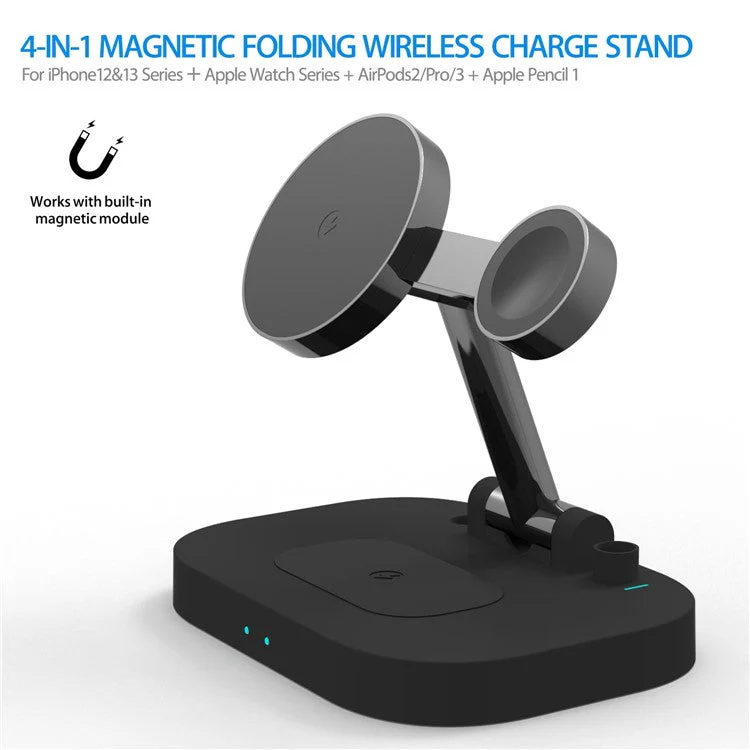 T2 4-in-1 15W Magnetic Wireless Charger Desktop Wireless Charging Stand Dock for iPhone 12 Series iWatch AirPods Apple Pencil - Black - Image 3