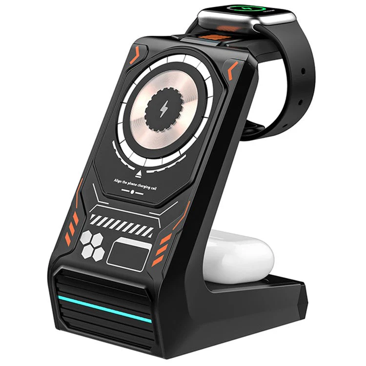 T21 3-in-1 Wireless Charging Station Mecha Charger Dock for Mobile Phone / Watch / Earbuds - Black - Image 2