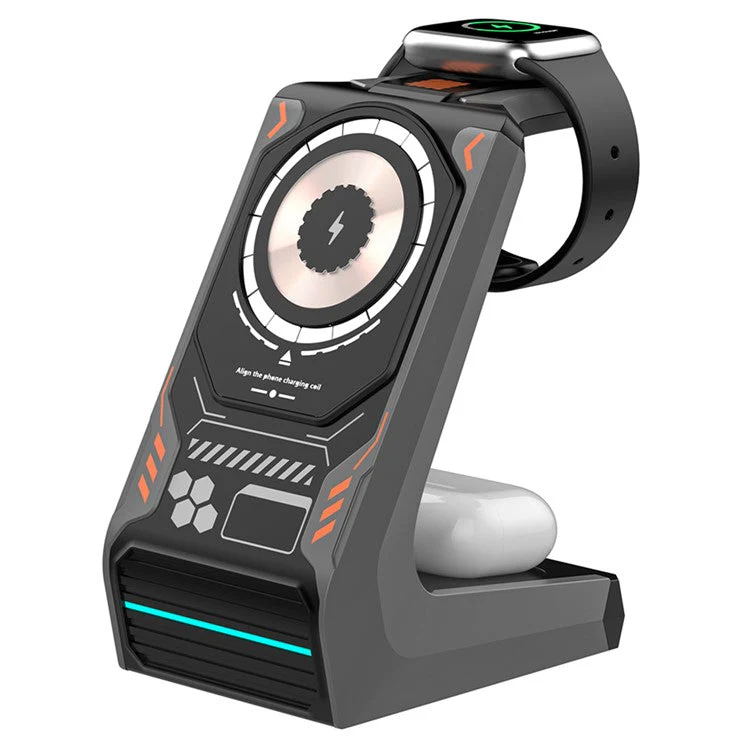 T21 3-in-1 Wireless Charging Station Mecha Charger Dock for Mobile Phone / Watch / Earbuds - Grey - Image 2