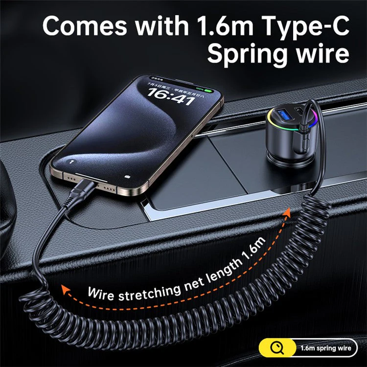 T26 45W+30W USB+Type-C Phone Fast Charging Adapter Car Charger with PD 30W Type-C Spring Cable (CE Certified) - Image 3