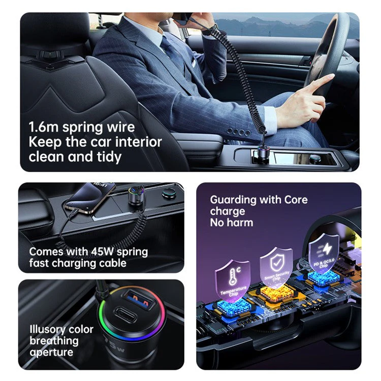 T26 45W+30W USB+Type-C Phone Fast Charging Adapter Car Charger with PD 30W Type-C Spring Cable (CE Certified) - Image 4