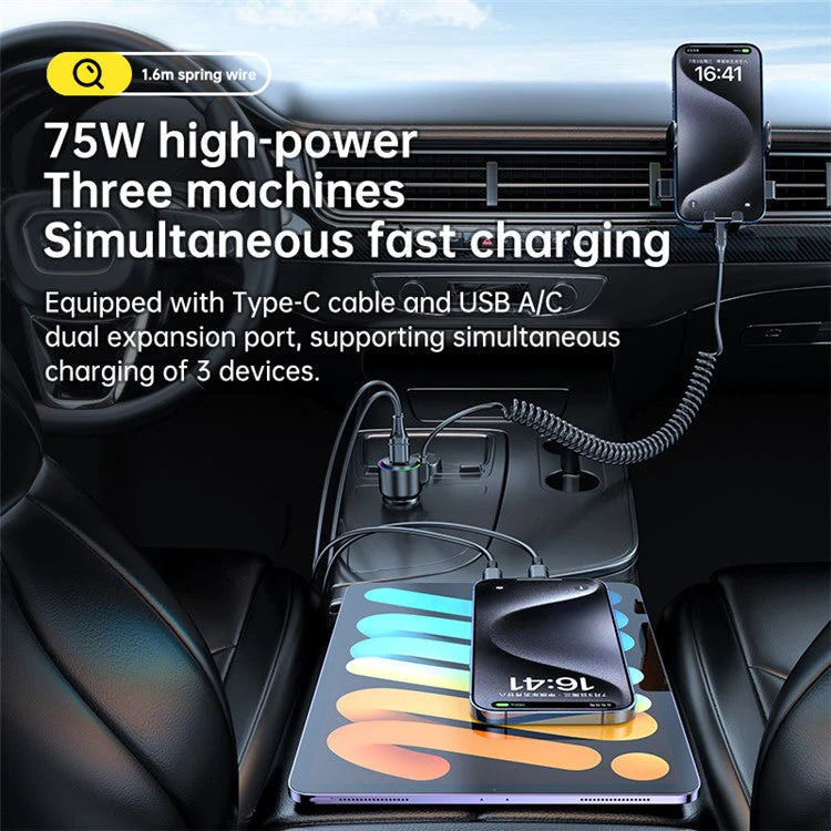 T26 45W+30W USB+Type-C Phone Fast Charging Adapter Car Charger with PD 30W Type-C Spring Cable (CE Certified) - Image 5