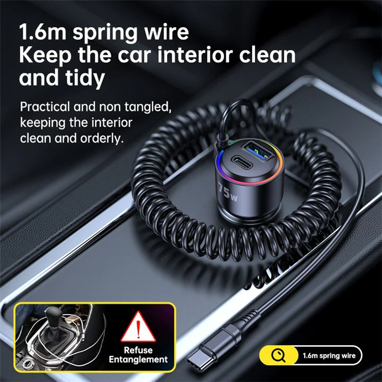 T26 45W+30W USB+Type-C Phone Fast Charging Adapter Car Charger with PD 30W Type-C Spring Cable (CE Certified) - Image 7