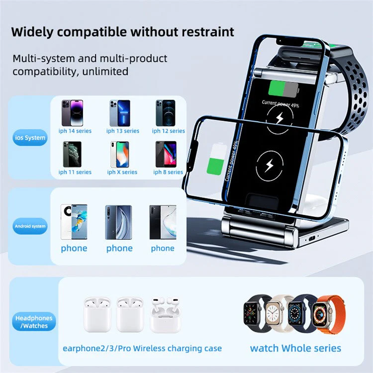 T33 3-in-1 Charging Station Foldable Wireless Charger Phone Watch Earphone Charging Stand - White - Image 5
