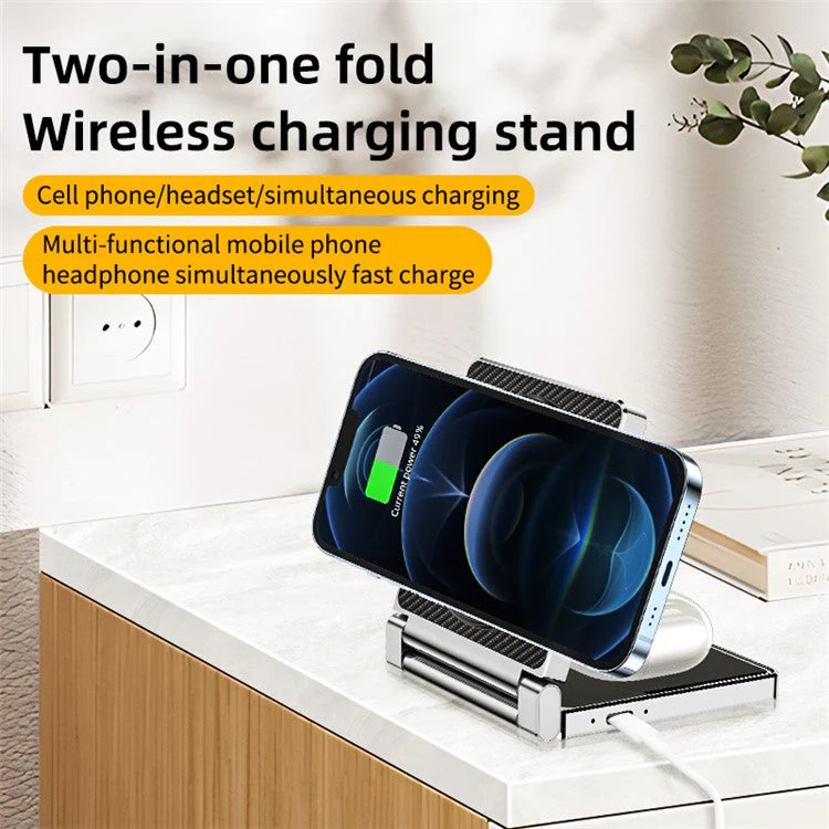 T35 15W Foldable Magnetic Wireless Charger 2-in-1 Phone Earphone Charging Dock - Black - Image 6