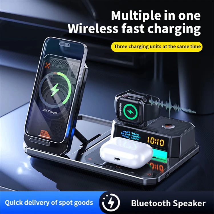 T50 5-in-1 Magnetic Wireless Charger Phone Watch Earphone Charging Stand with Clock Speaker - Black - Image 2