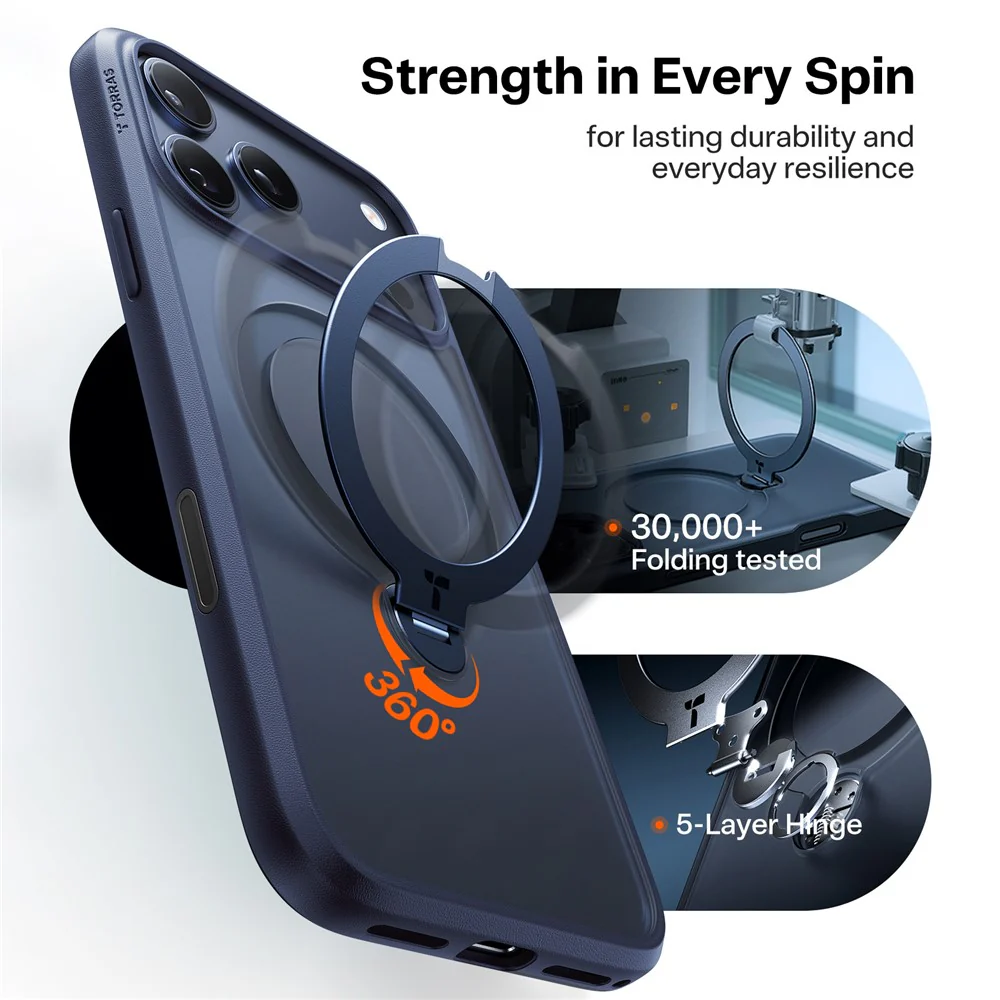 TORRAS For iPhone 17 Pro Max Case Magnetic Rotating Kickstand PC + TPU Phone Cover - Dark Blue - Image 3