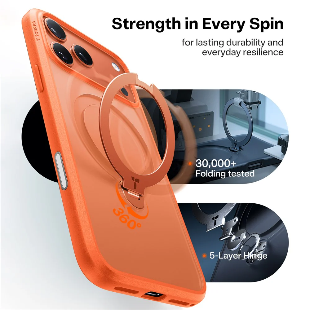 TORRAS For iPhone 17 Pro Max Case Magnetic Rotating Kickstand PC + TPU Phone Cover - Orange - Image 3
