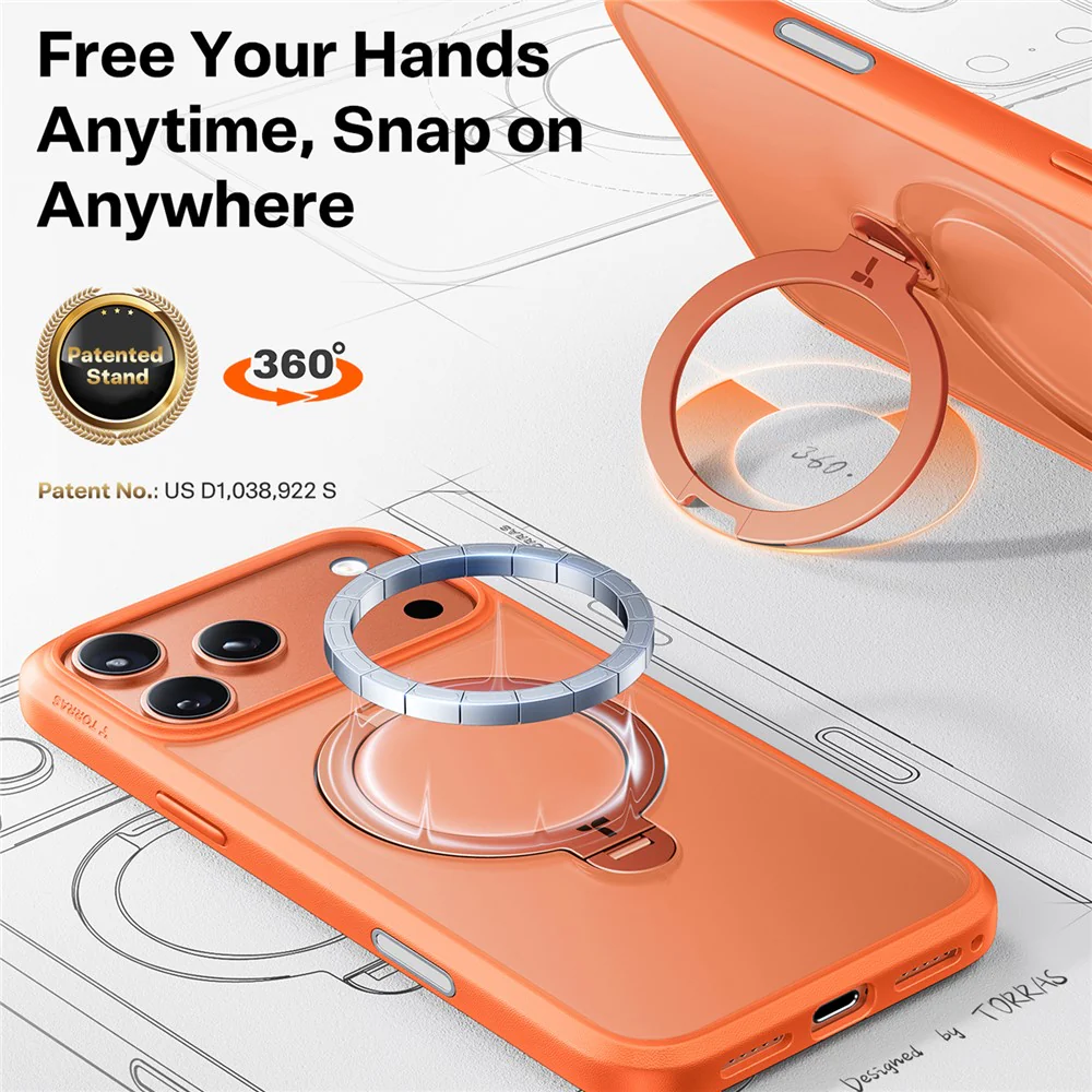 TORRAS For iPhone 17 Pro Max Case Magnetic Rotating Kickstand PC + TPU Phone Cover - Orange - Image 6
