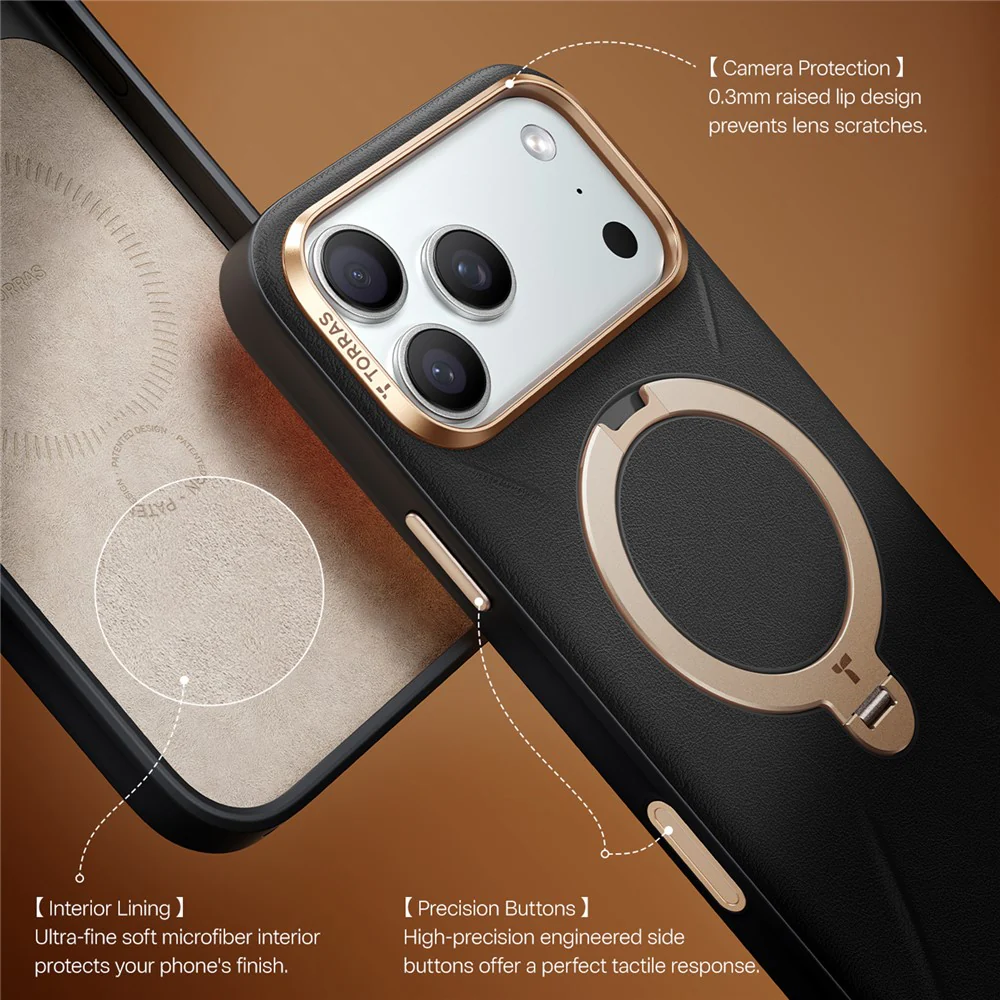 TORRAS Ostand Q PRO Leather Series For iPhone 17 Pro Max Case Compatible with MagSafe Kickstand Phone Cover - Black - Image 7