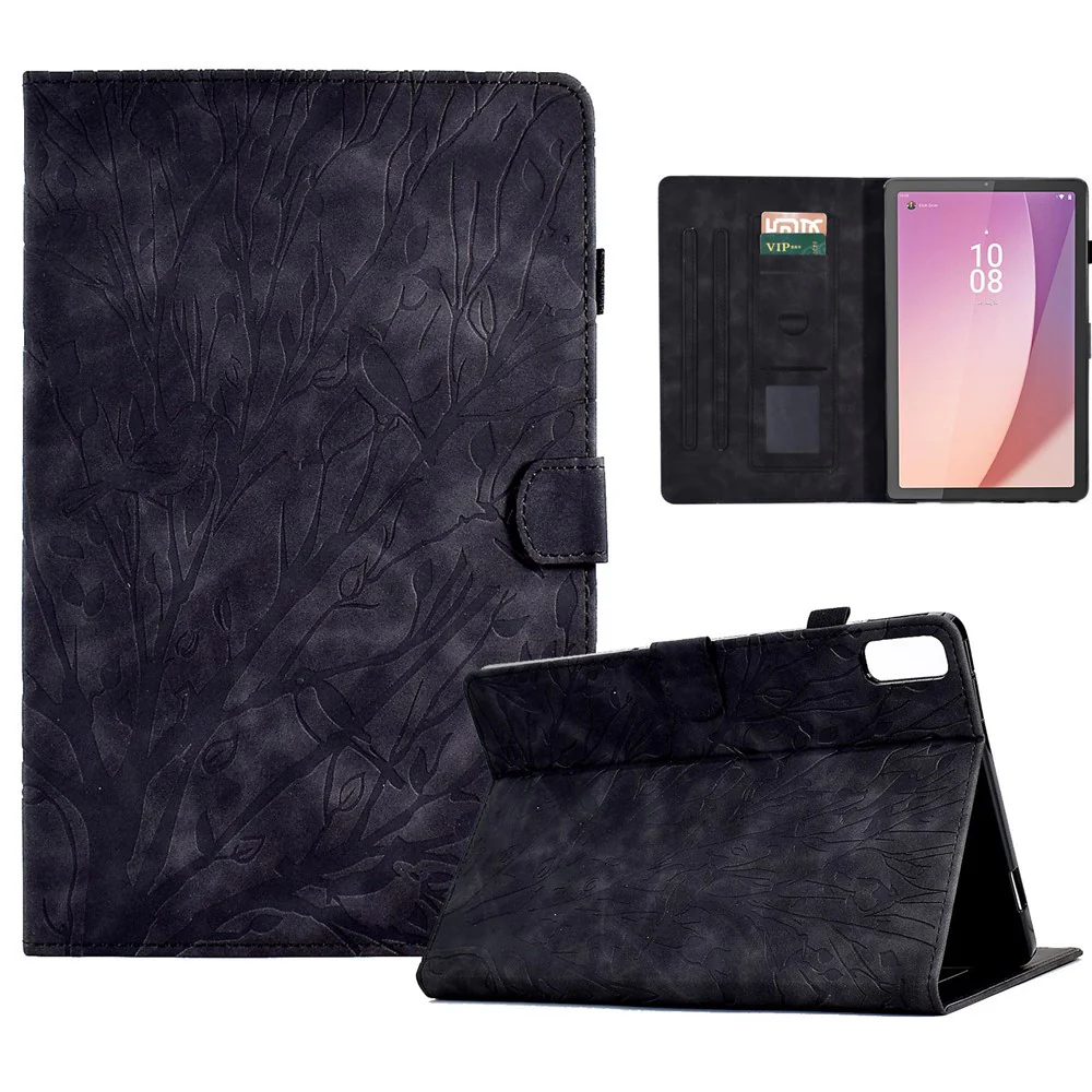 Tree Imprinted Leather Cover for Lenovo Tab M9 TB-310FU Anti-Drop Protective Case with Card Slot - Black
