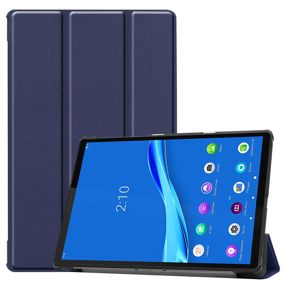 Tri-fold Leather Stand Case Textured PU Leather + PC Full Protective Tablet Case for Lenovo Tab M10 Plus TB-X606F - Dark Blue