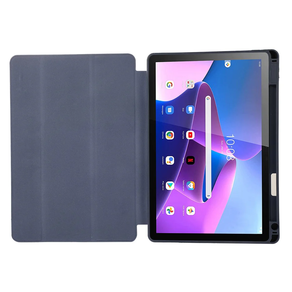 Tri-Fold Stand Cover for Lenovo Tab M10 Plus (3rd Gen) / Xiaoxin Pad 2022 10.6 inch , PU Leather Solid Color Tablet Case with Pen Holder - Blue - Image 2