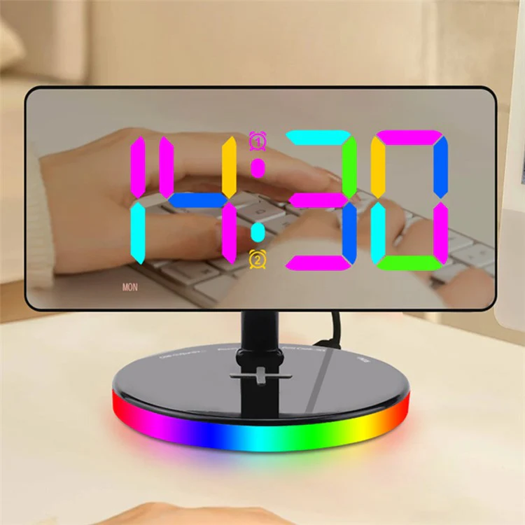 TS-3001X-B Mirror Surface Digital LED Clock 15W Phone Wireless Charger RGB Night Light - Black - Image 2
