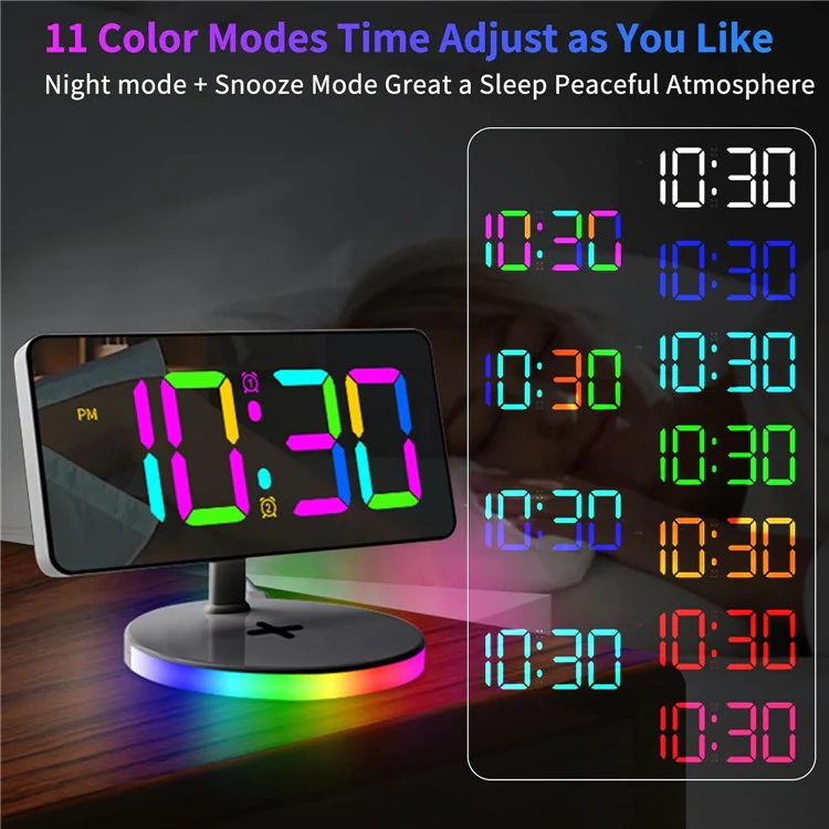 TS-3001X-B Mirror Surface Digital LED Clock 15W Phone Wireless Charger RGB Night Light - Black - Image 3