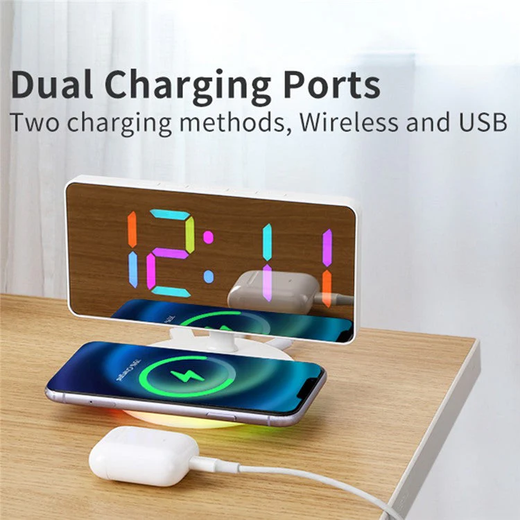 TS-3001X-B Mirror Surface Digital LED Clock 15W Phone Wireless Charger RGB Night Light - Black - Image 7
