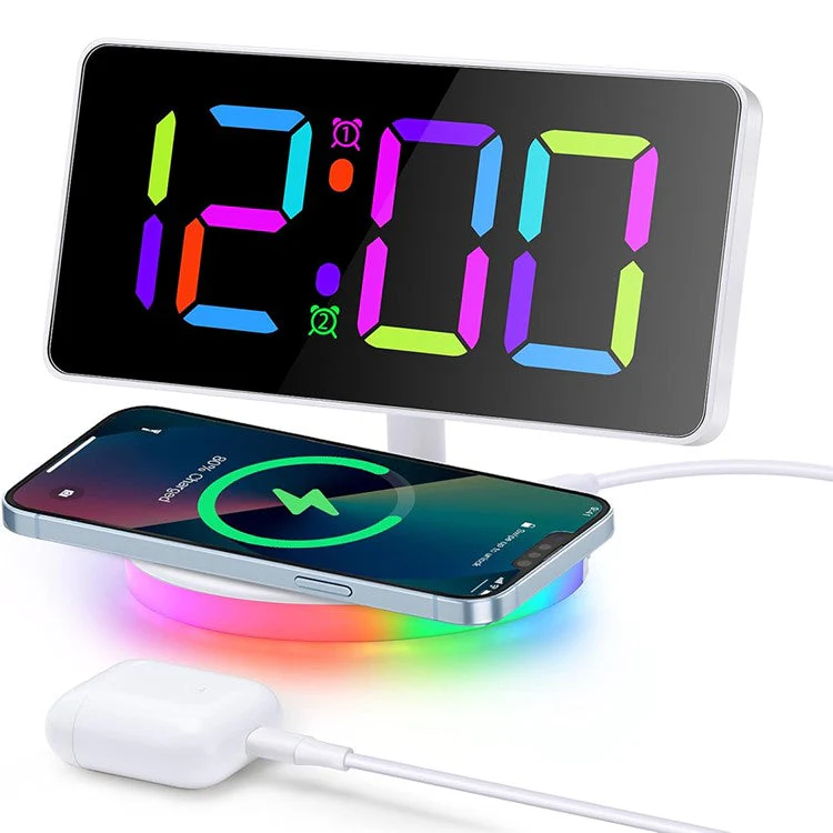 TS-3001X-B Mirror Surface Digital LED Clock 15W Phone Wireless Charger RGB Night Light - White - Image 2